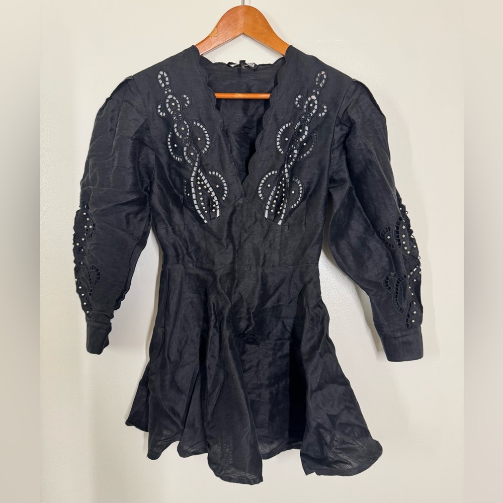 Maje Black Long-Sleeve Embellished V-Neck Fit-and-Flare Dress Small / 2 Repair - Picture 2 of 15